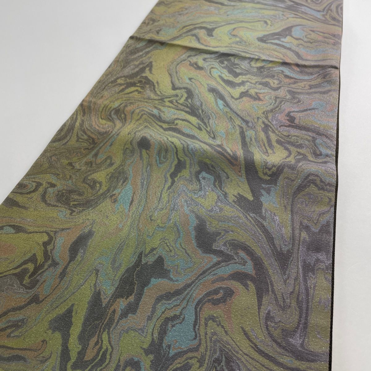 袋帯 美品 名品 墨流し 縞 金糸 灰緑 全通 正絹