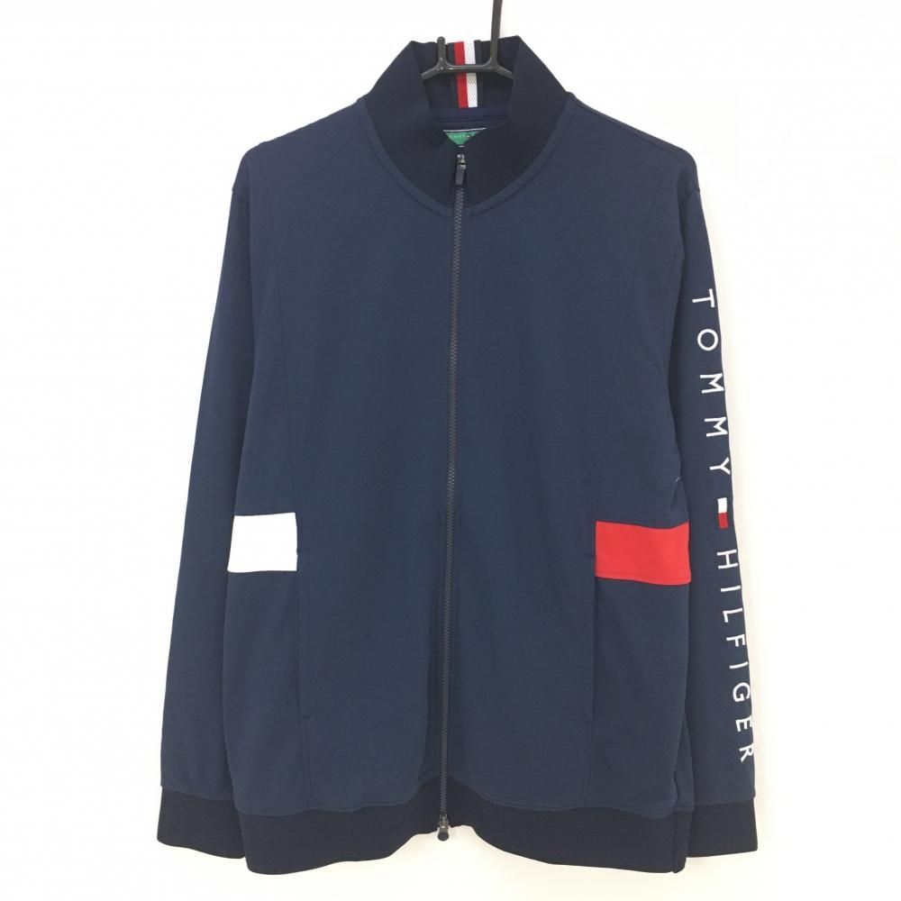 【超美品】トミーヒルフィガー ジャケットブルゾン ネイビー 袖ロゴ刺しゅう トリコロール メンズ LL ゴルフウェア Tommy Hilfiger Golf