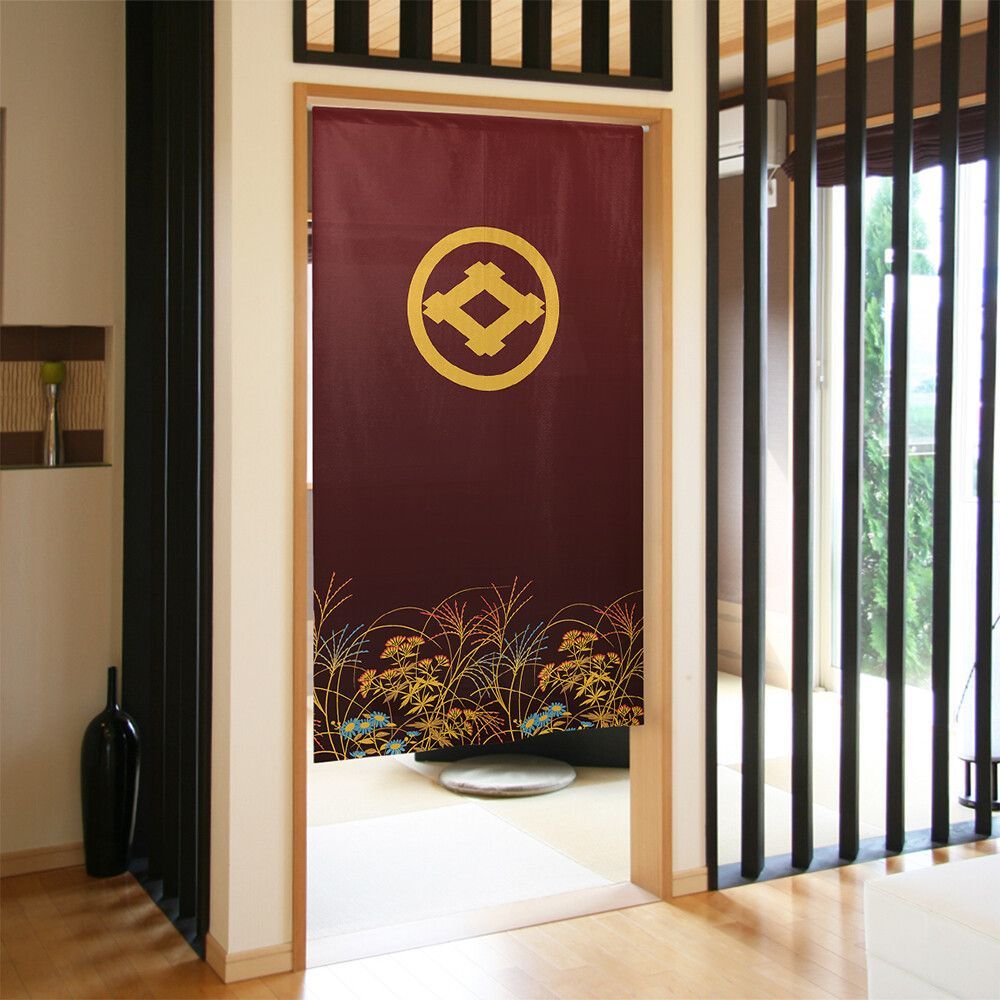 □SIMON BAKER□のれん「家紋 丸に井桁 秋草」85x150cm ×3枚セット