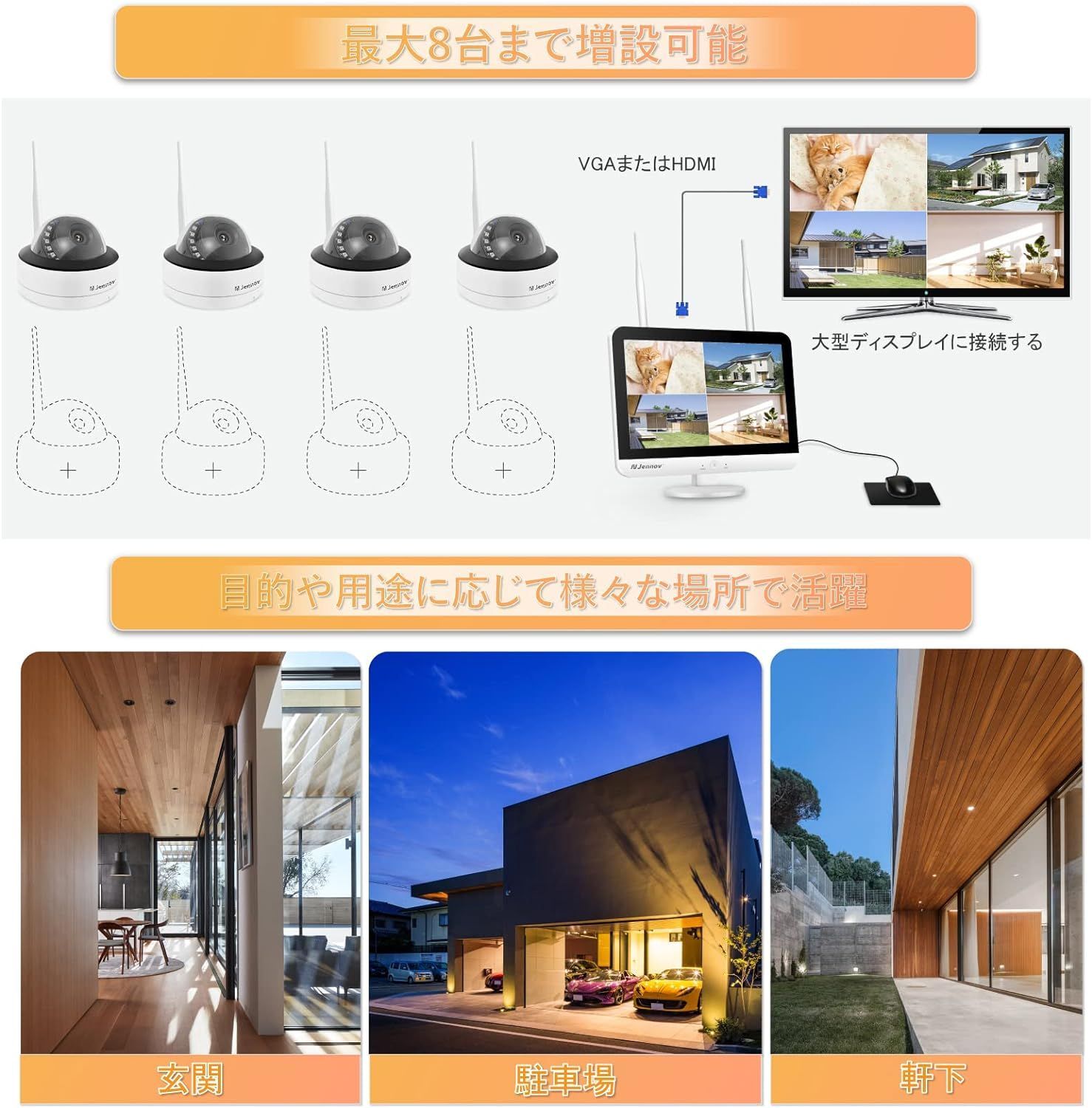 防犯カメラ ワイヤレス 屋外 500万画素 家庭用 室内 4台 wifi ドーム型 監視カメラ 最新高精細IPS12”モニター 付き マイク付き  音声録画 24時間常時録画 H264+ 8チャンネル追加可能 1TBHDD - メルカリ