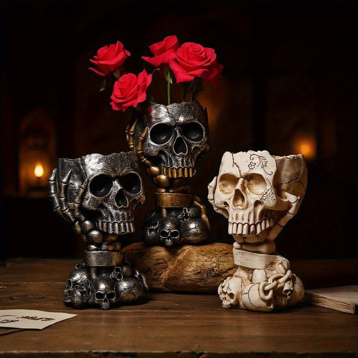 花瓶 花びん おしゃれ 骸骨型 ガイコツ スカル ゴールド シルバー 2