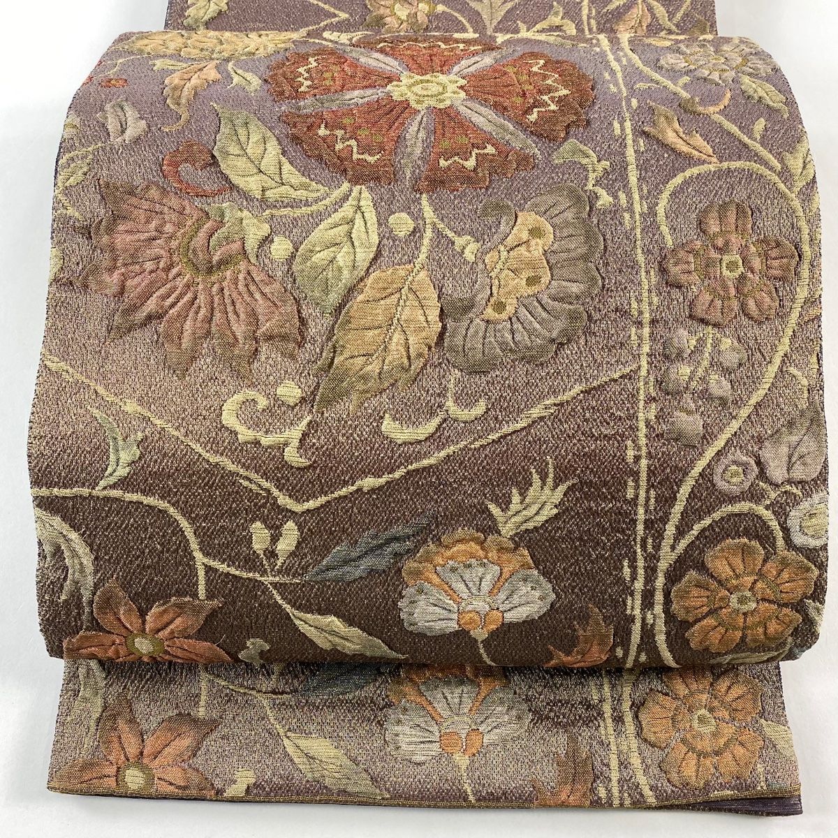 袋帯 秀品 関西仕立て 花唐草 幾何学模様 金糸 ぼかし 茶紫 六通 正絹