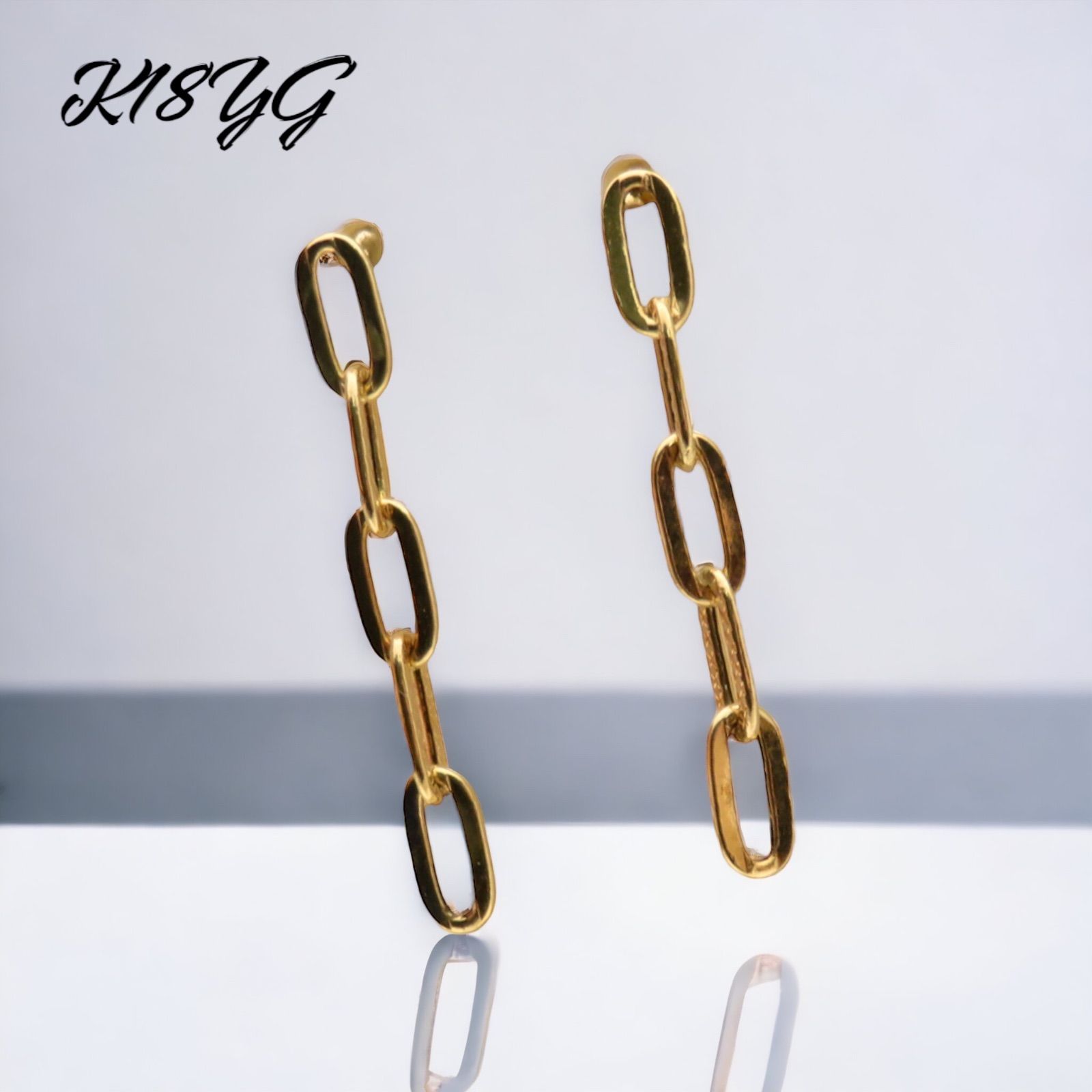 K18YG ペーパークリップピアス 18金ピアス スイングピアス チェーン 
