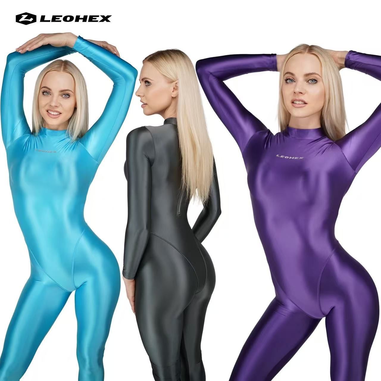 LEOHEX 新作 ボディスーツ 全身タイツ 光沢 長袖 フット付き 無地