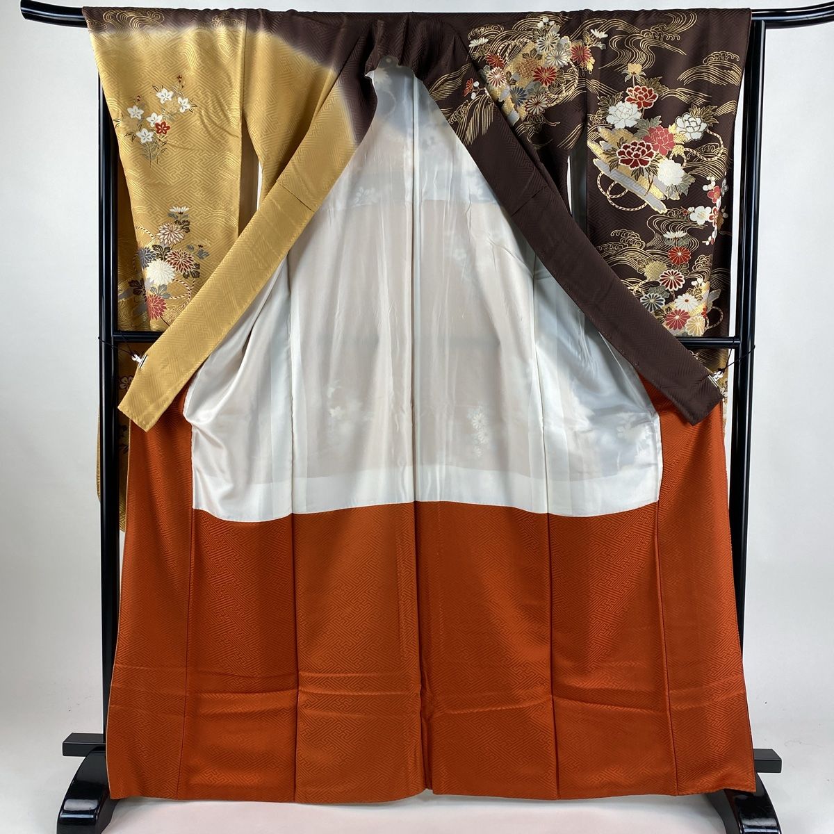 振袖 身丈166.5cm 裄丈67cm M 袷 花筏 波 金糸 金彩 焦茶色 正絹 名品  