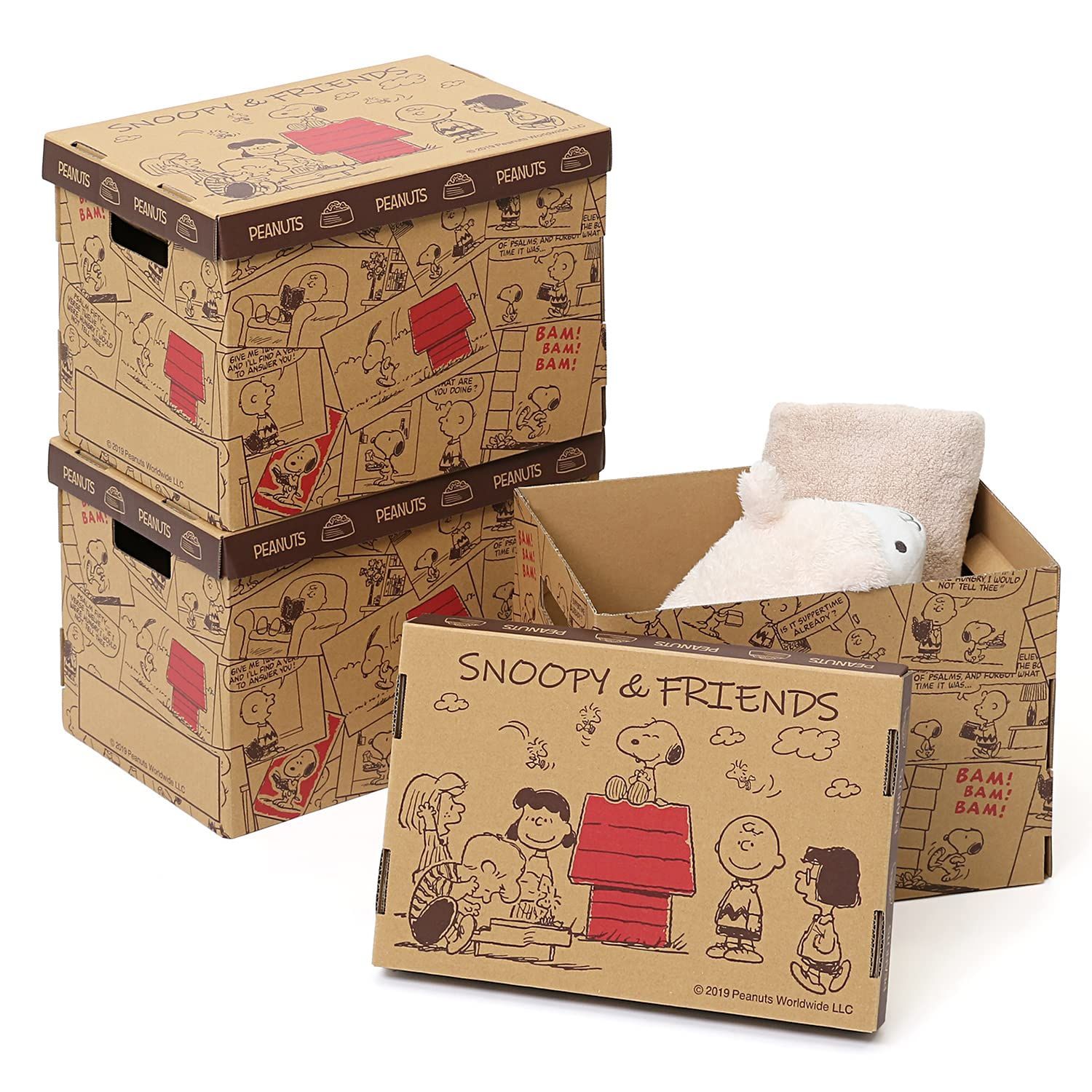 【在庫処分】段ボール 日本製 A4・A4変形(女性誌サイズ)対応 底板・フタ付き 3個組 収納ボックス 900-31 スヌーピー アストロ