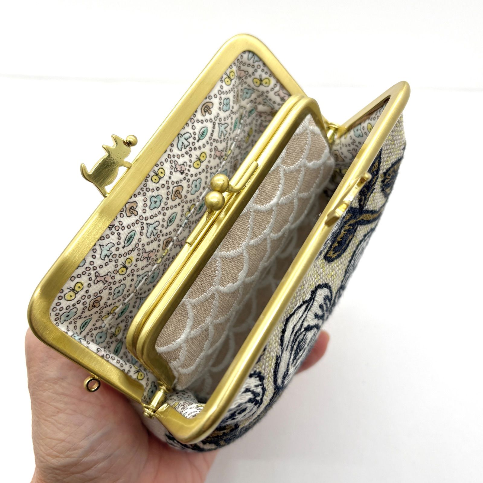 ハンドメイド ミナペルホネン 猫口金のコンパクト親子がま口財布 rosy