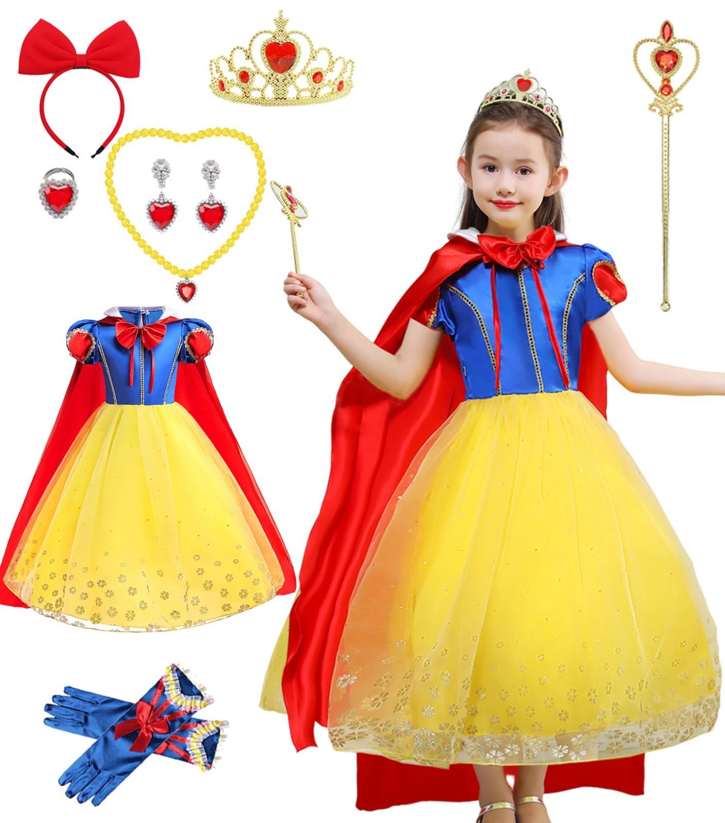 Size:110_Color:イエロー [AOTYP] プリンセスドレス 白雪姫風 ドレス 子供 コスプレ 豪華9点セット お姫様 ドレス キッズコスチューム ガールズ 姫風プリンセスドレス なりきり 女の子 ワンピース 