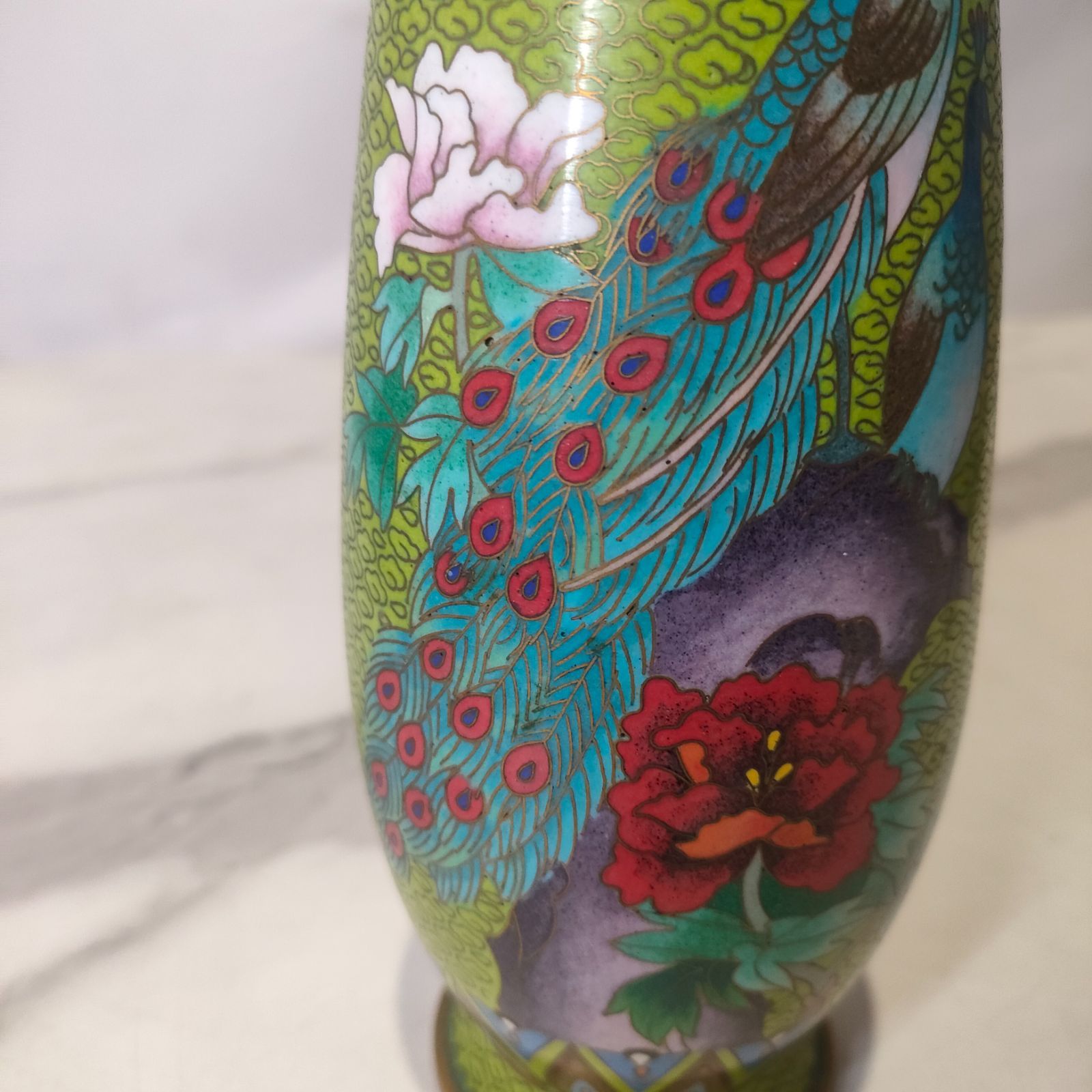 1【美品】 中国 七宝焼 花器 花瓶 インテリア 孔雀 景泰藍 時代物 年代 
