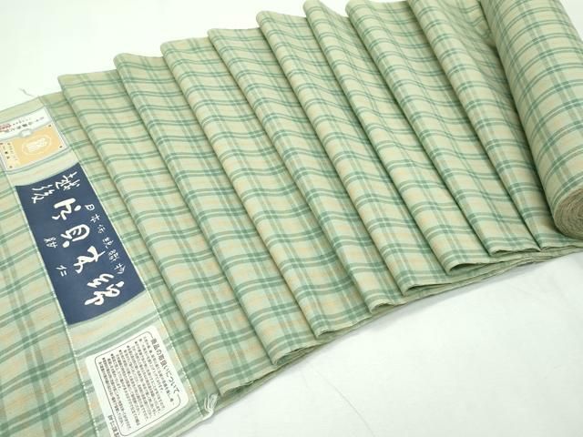 平和屋本店□極上 越後片貝木綿 紺仁謹製 反物 小千谷織物 格子柄 証紙  
