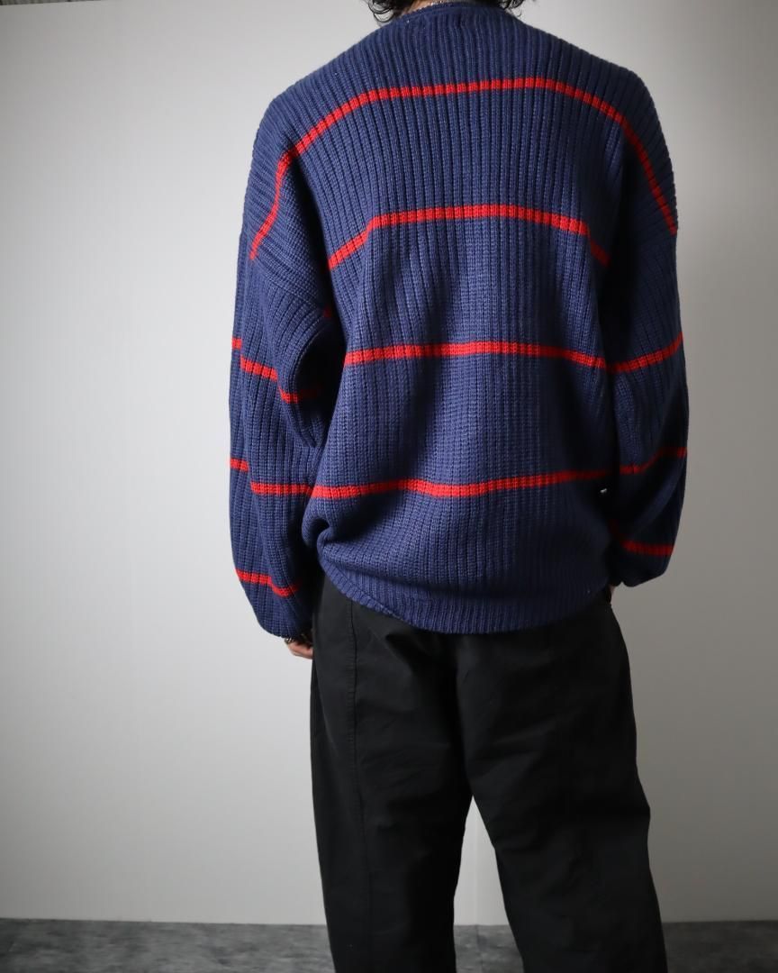 vintage】リブ編み ボーダー ルーズ ニット セーター 濃紺 赤 XL