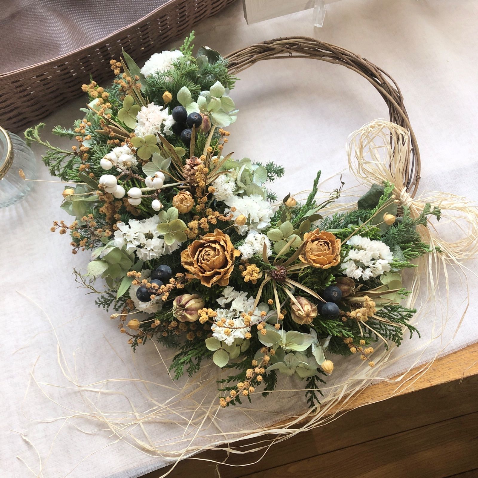 Natural＊バラとマスタードカラーのリース♡ドライフラワーリース  