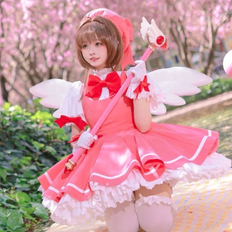 受容的な カードキャプターさくら 木之本桜 コスプレ衣装 フルセット ワンピース 帽子 グローブ スカート ペチコート付属 魔法少女衣装 子供用サイズ