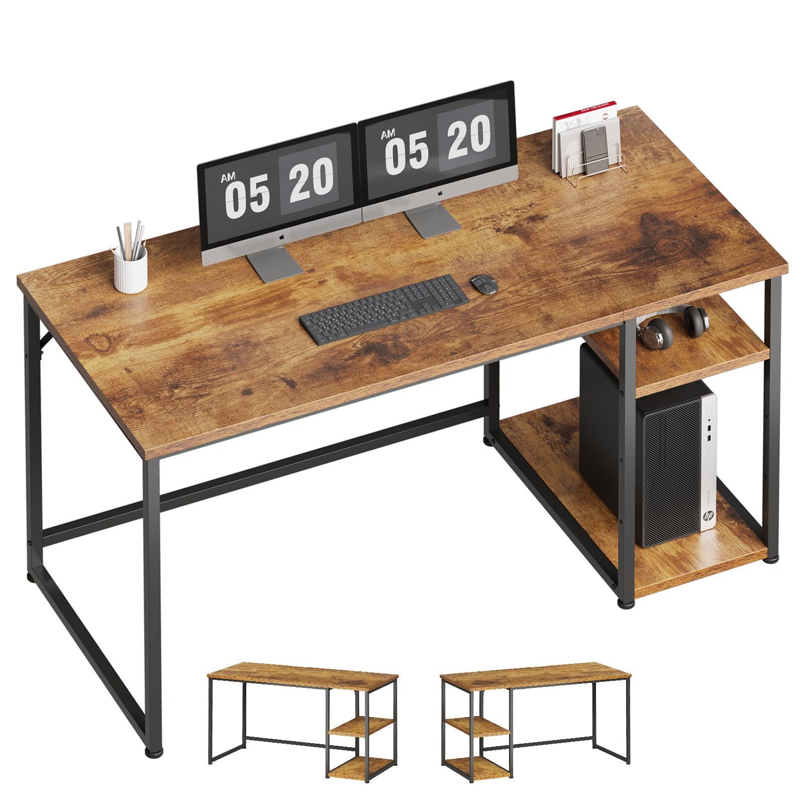 在庫処分 Maihail ゲーミングデスク ラック付き パソコンデスク pcデスク 机 カウンター テーブル スタンディングデスク 勉強机 家具 パソコンラック table 学習机 収納 SZ123LHM スチールウッド簡易棚付きデスク ビンテージ 幅140
