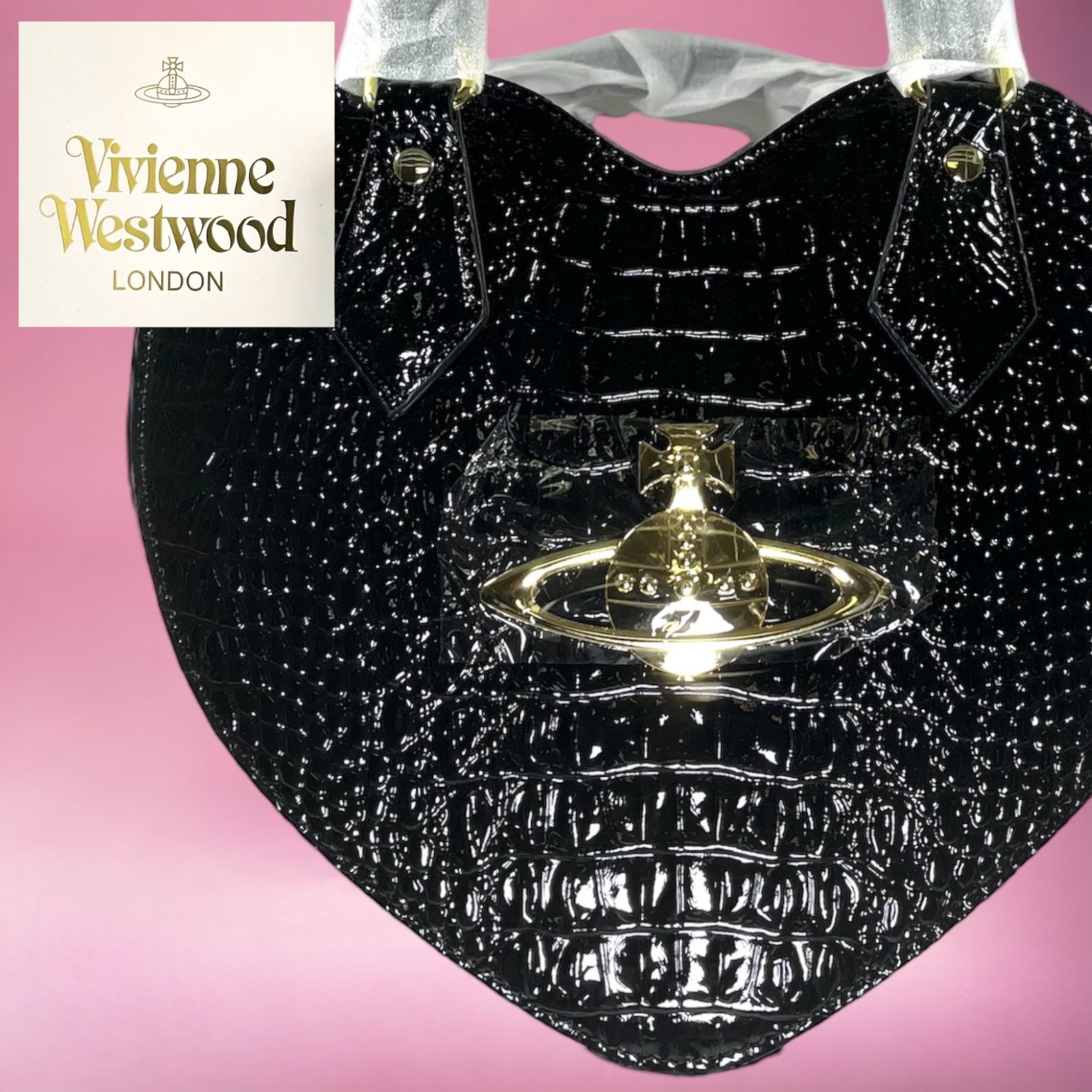 ​【新品未使用】Vivienne Westwood ヴィヴィアン ハート型 バッグ ヴィヴィアン ウエストウッド2way ハンドバッグ  /ショルダーバッグ クロコ カイマン 型押し ハート オーブ シャイニー カラー ブラック 素材