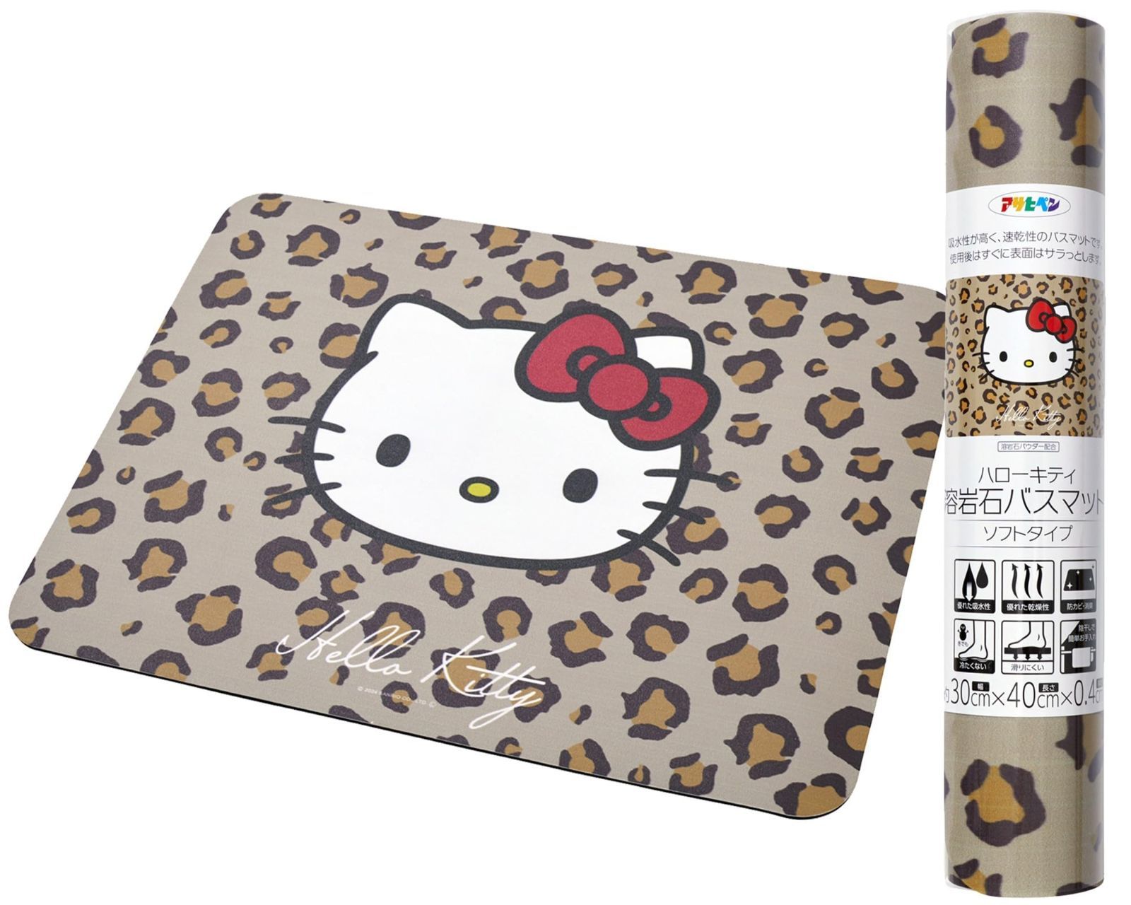 ハローキティ＆レオパード 幅40cm×長さ30cm 溶岩石バスマット ソフトタイプ かわいいヒョウ柄 吸水性 速乾性 [ハローキティ] 防カビ 消臭 ソフトな踏み心地