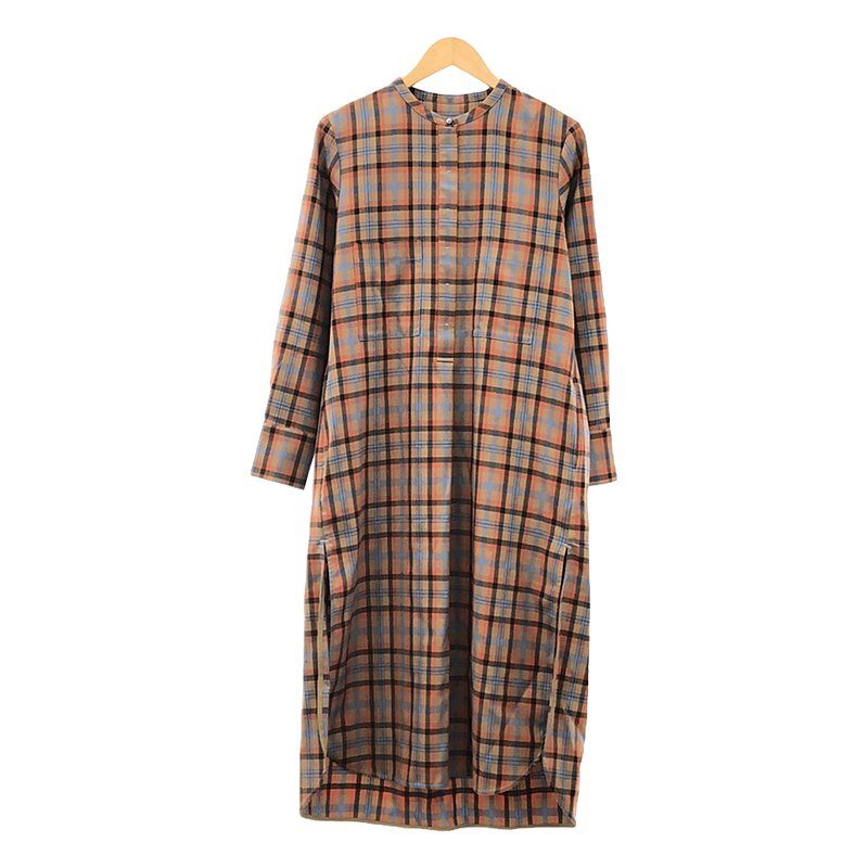 美品*ティッカ ウール シャツワンピース バンドカラー グレー系 チェック柄 美品*ティッカ ウール シャツワンピース バンドカラー グレー系