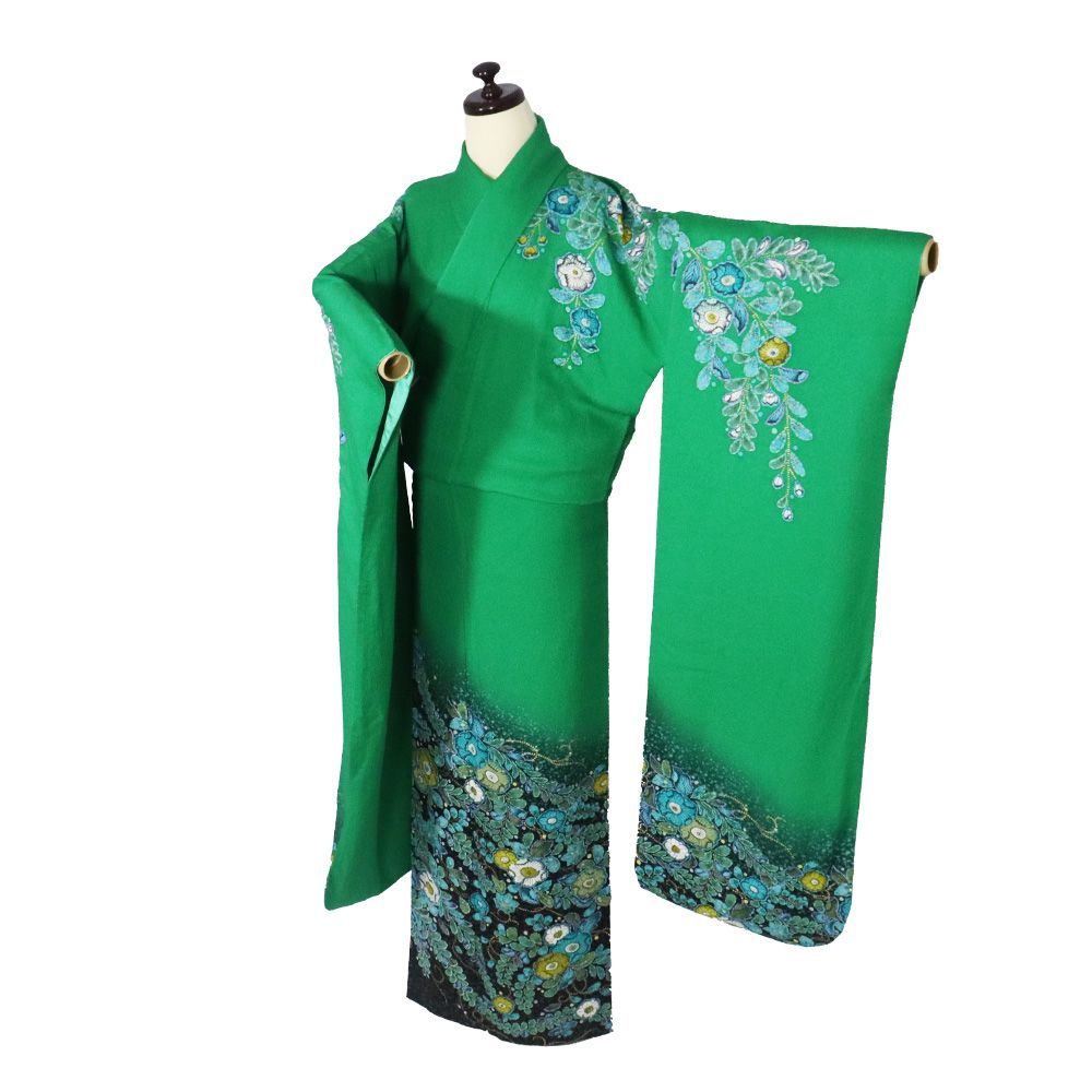 美品　振袖　長襦袢　セット　緑　スワトウ　高身長の方向け 辻が花振袖 長襦袢 セット 正絹 若草色 濃い紫 絞り辻が花