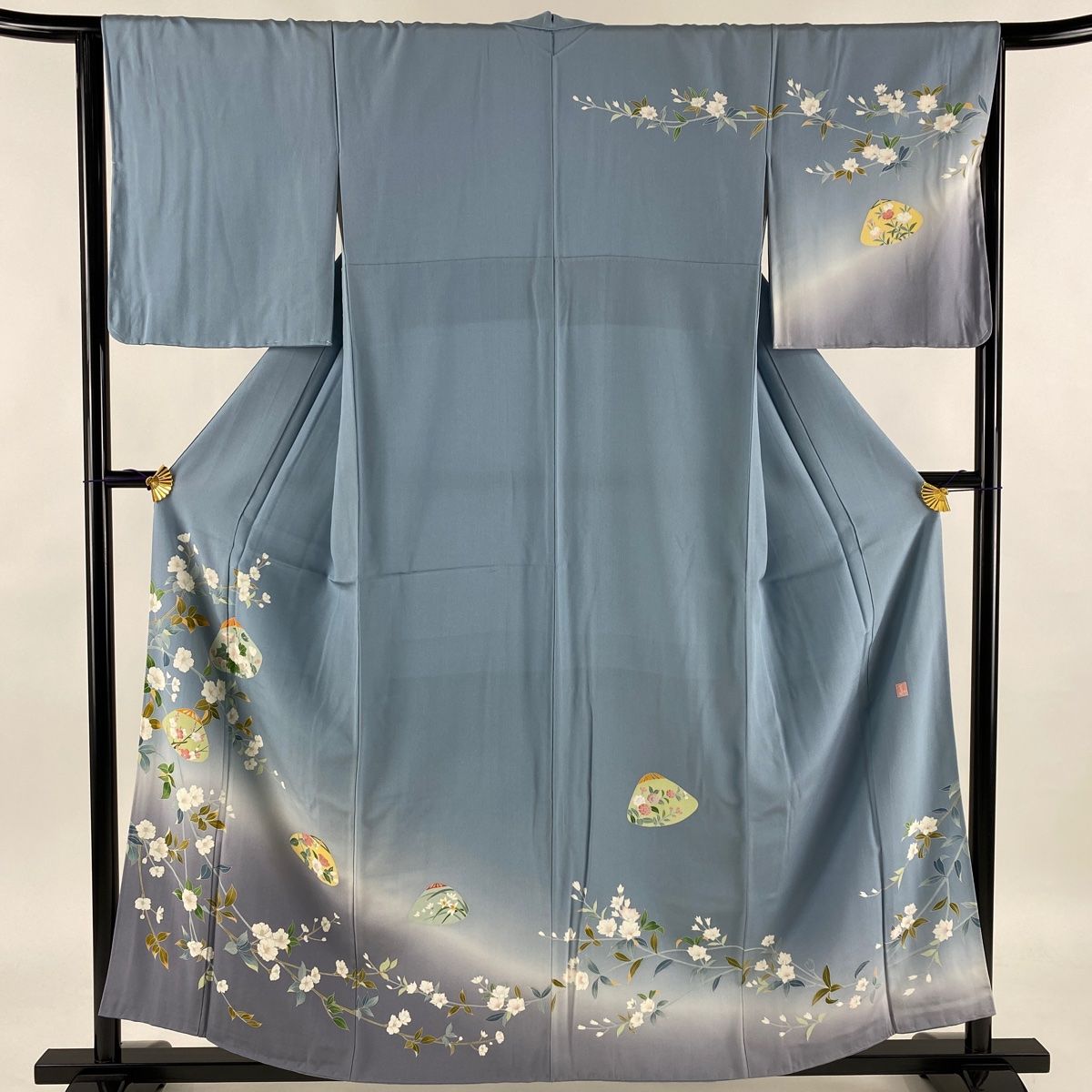 訪問着 美品 秀品 落款 貝 枝花 ぼかし 水色 袷 身丈157.5cm 裄丈64.5