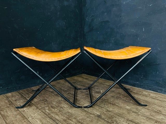 レザーフォールディング スツール 2点セット 折りたたみチェア 本革 約48.5×39×47cm レザークラフト キャメル系 椅子 301637