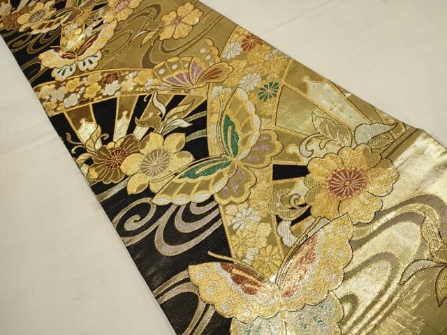 和装 着物 帯 袋帯 振袖 六通柄 花柄 金糸　帯揚げ セット 成人式 平和屋着物▽振袖用両面六通柄袋帯 花蝶文 金銀糸 正絹 逸品