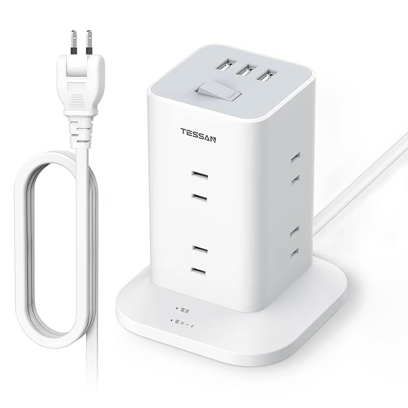電源タップ タワー mini型 延長コード 3m usb 8個AC コンセント 3USBポート付き 180スイングプラグ TESSAN oaタップ 蛸足コンセント タコ足配線 マルチタップ テーブルタップ 雷ガード 0