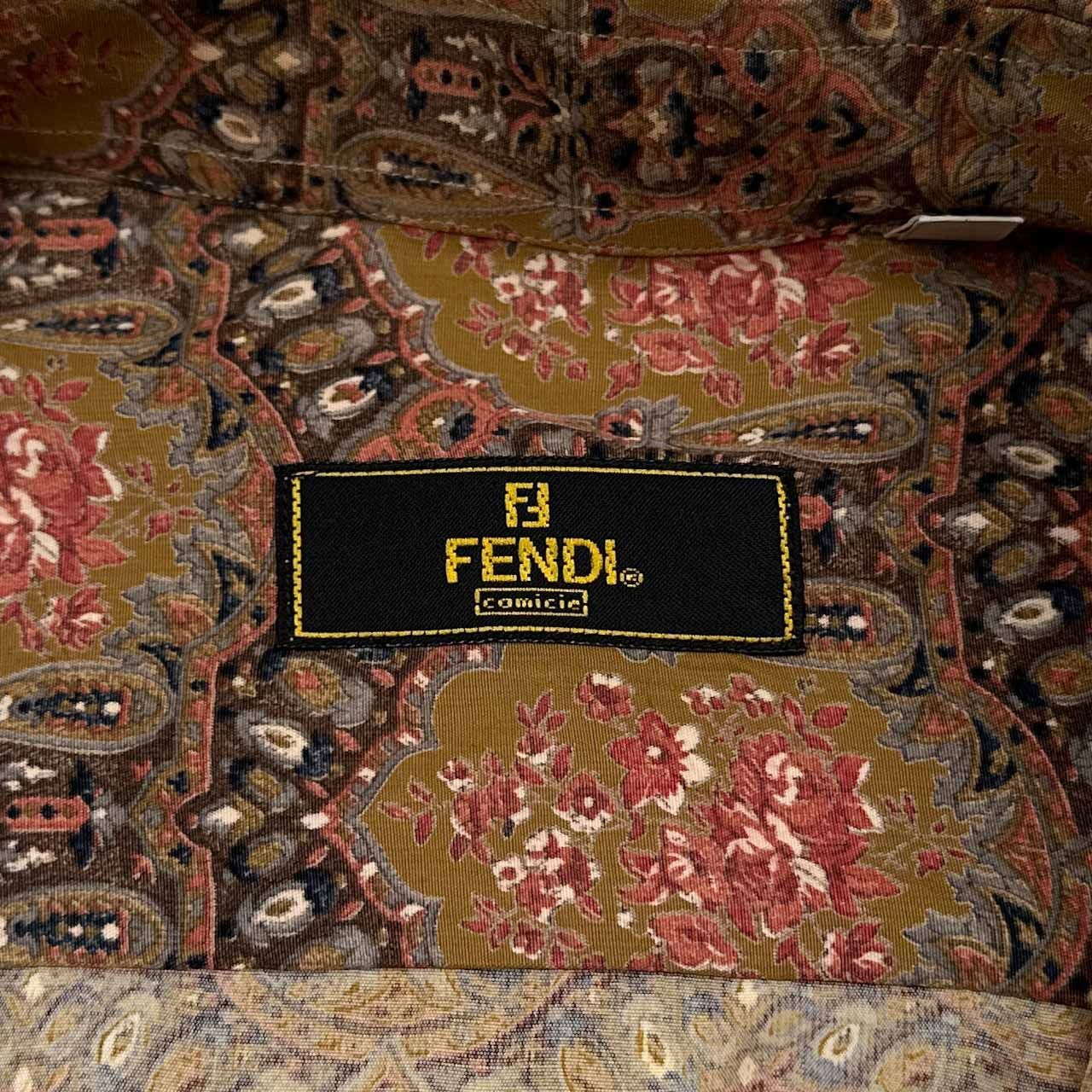 イタリア製 ヴィンテージ FENDI フェンディ レーヨン100% ボタンダウン ビッグサイズ 総柄 長袖 シャツ 40