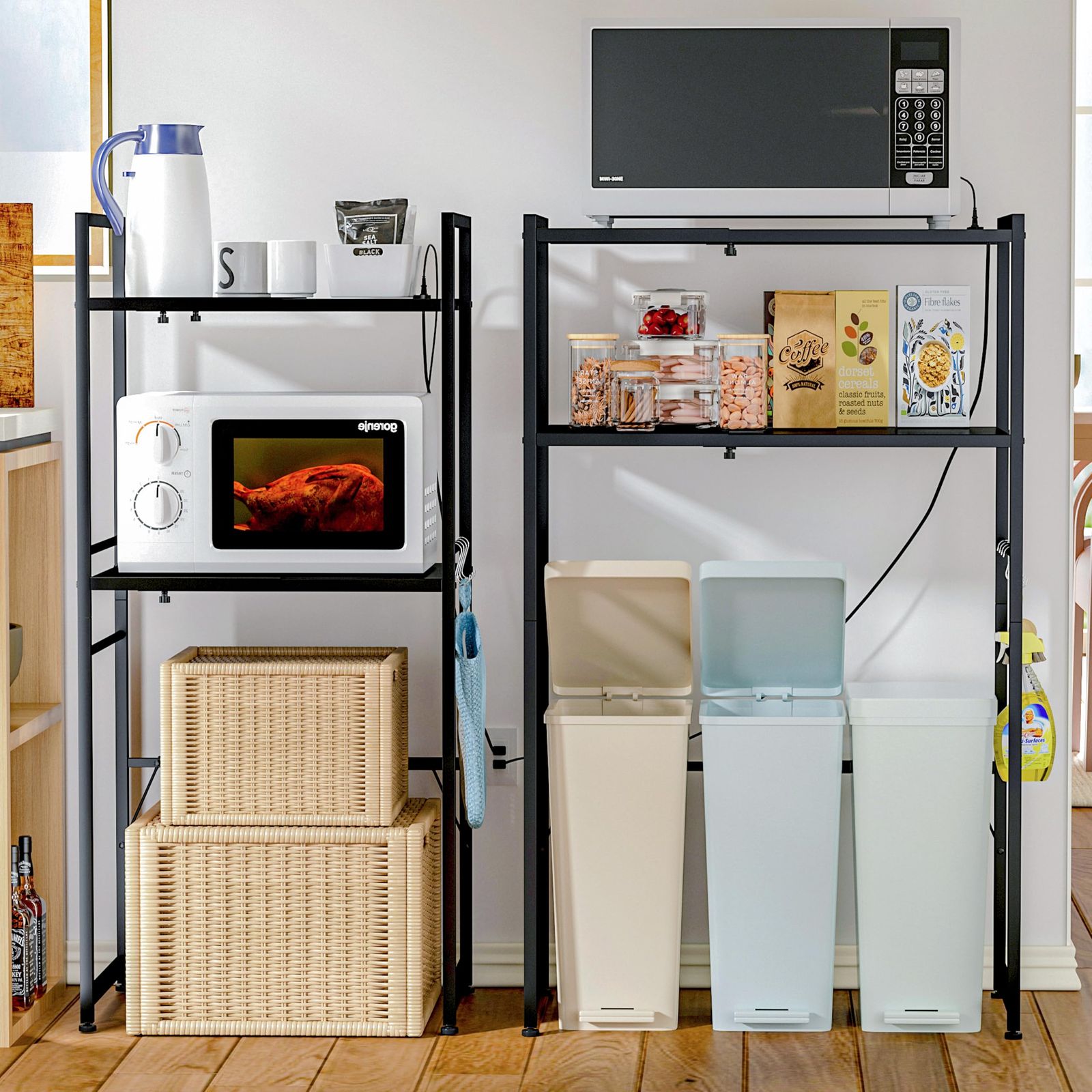 プリント台ラック 可動式棚板多段調整 ゴミ箱収納 Sフック付き オーペンラック 荷重70kg レンジ台 錆び防止 キッチンラック コンセント付きキッチンベイカーラック 耐摩擦性 横幅伸縮できる 耐水性 幅60.5から-80まで 奥行42 高さ129.5c