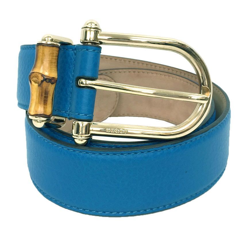 GUCCI 青 レザー ベルト 80/32 Authentic Gucci Blue GG Denim Leather Trim Gold Interlocking