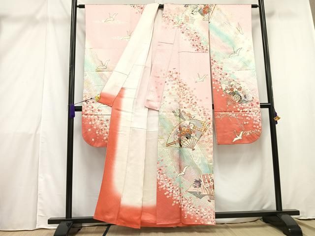 平和屋着物□豪華振袖 駒刺繍 扇面花鳥文 暈し染め 金銀彩 正絹