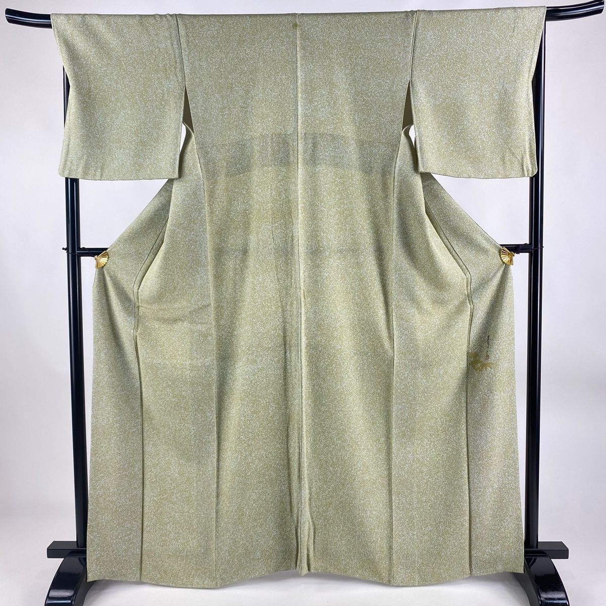 小紋 身丈165cm 裄丈67cm M 袷 松井青々 落款 幾何学 灰緑 正絹 美品  