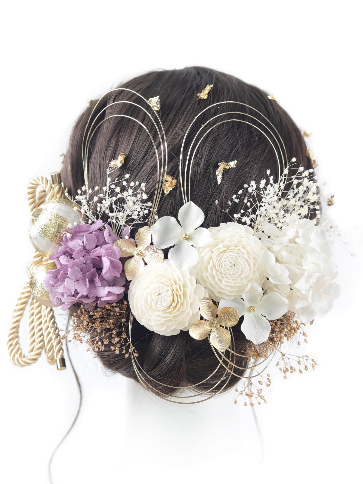 [NANA手作り]髪飾り 紫陽花 かすみ草 ソーラーローズ 紐リボン 和玉 水引 金箔 かわいい 成人式 七五三 花火大会 浴衣 卒業式 夏祭り