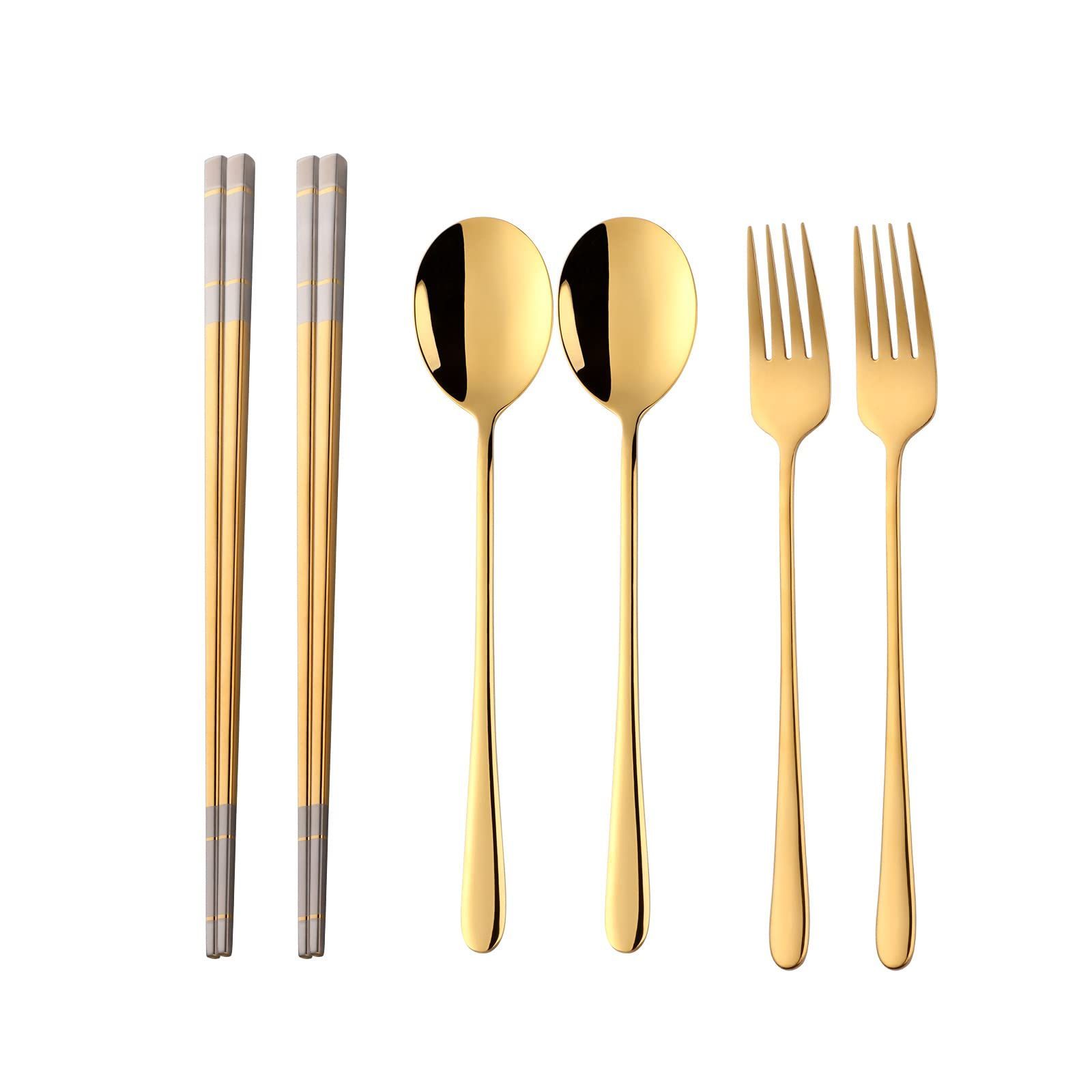 【特価商品】TUPMFG 箸 スプーン フォーク セット 2名用 スプーン 箸 セット 韓国食器 カトラリーセット 18-8ステンレス鋼製 衛生 丈夫 洗いやすい 食洗機対応 多色選択可能 ゴールド