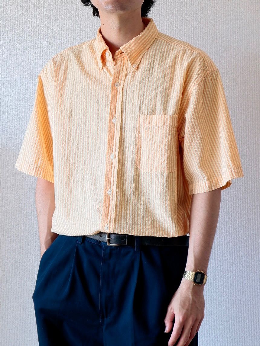 L.L.BEAN 1990s S/S Seersucker Stripe B.D. Shirt “Orange” エルエル  
