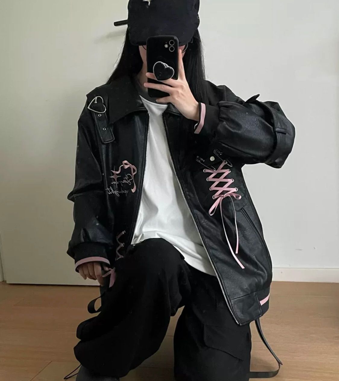 リボン付きレザージャケット 黒　ピンク　櫻坂46衣装風 リボン付きレザージャケット 黒 ピンク 櫻坂46衣装風