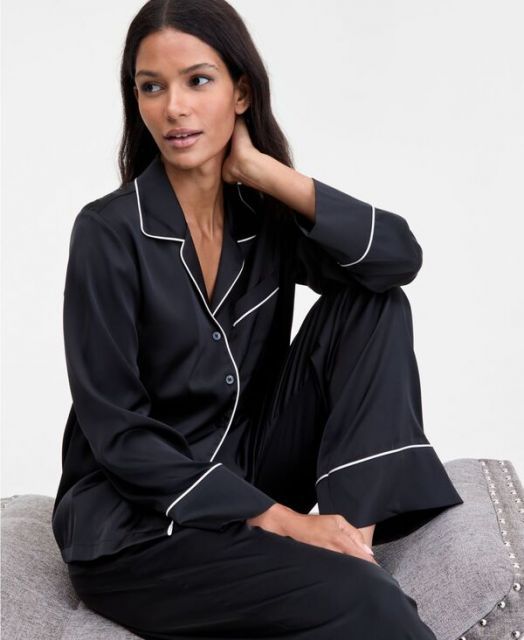 送料無料 アイ.エヌ.シー インターナショナル コンセプト レディース ナイトウェア アンダーウェア Women s Printed Satin Long Pajama Set Black