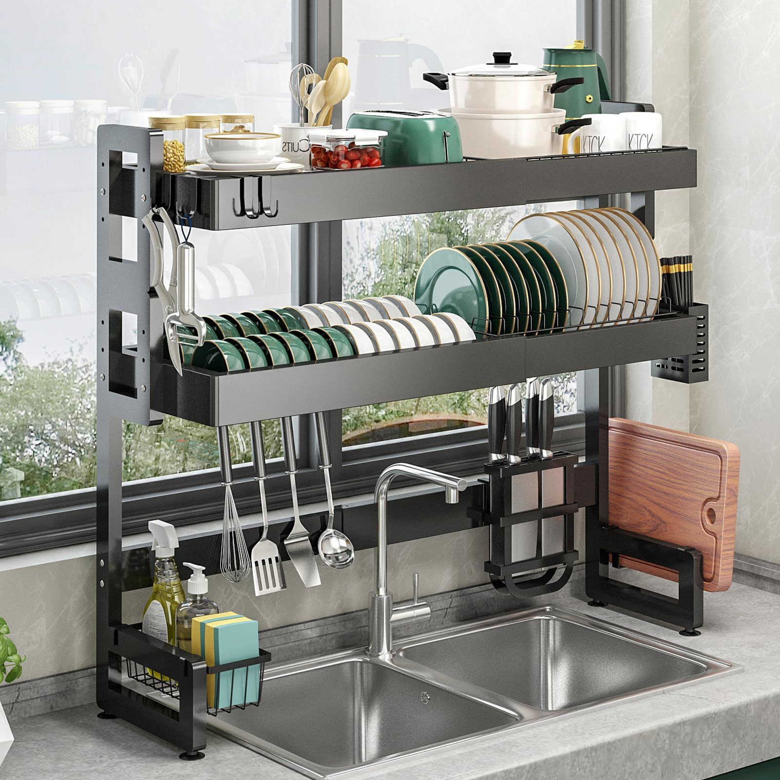 SVOHZAV 水切りラック 食器 シンク上 横置き 水切りかご 食器乾燥 錆びない 洗い物ラック 2段式 大容量 ディッシュラック キッチン 水切りカゴ 水が流れる 皿立て 多機能収納 包丁スタンド まな板立て 組み立て簡単 ブラック 2段伸縮式