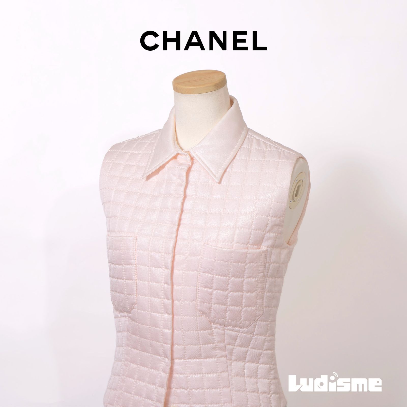 シャネル CHANEL キルティングベスト 00T ピンク ノースリーブ ラメ 光沢あり 38 イタリア製 レディース ライトアウター ベスト チョッキ インナーダウン