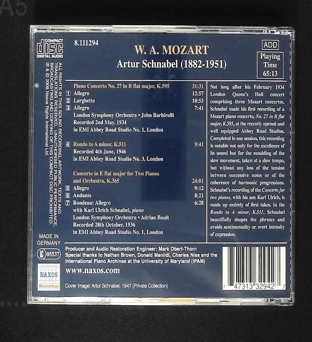 シュナーベル|モーツァルト ピアノ協奏曲第27番 他 CD アルトゥール シュナーベル Naxos Historical