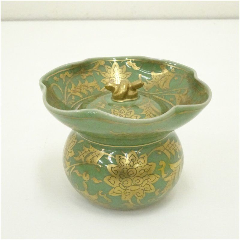 京焼 手塚祥堂造 緑地金襴手茶入 共箱 茶入れ 茶道 茶道具 おしゃれ 道具 濃茶 抹茶 骨董 茶器 保存 容器 お茶 茶会 茶事 茶の湯