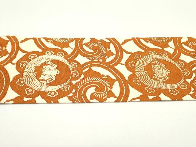 平和屋着物○全通柄九寸名古屋帯 型染め 鶴 亀 花唐草文 鬼しぼ縮緬