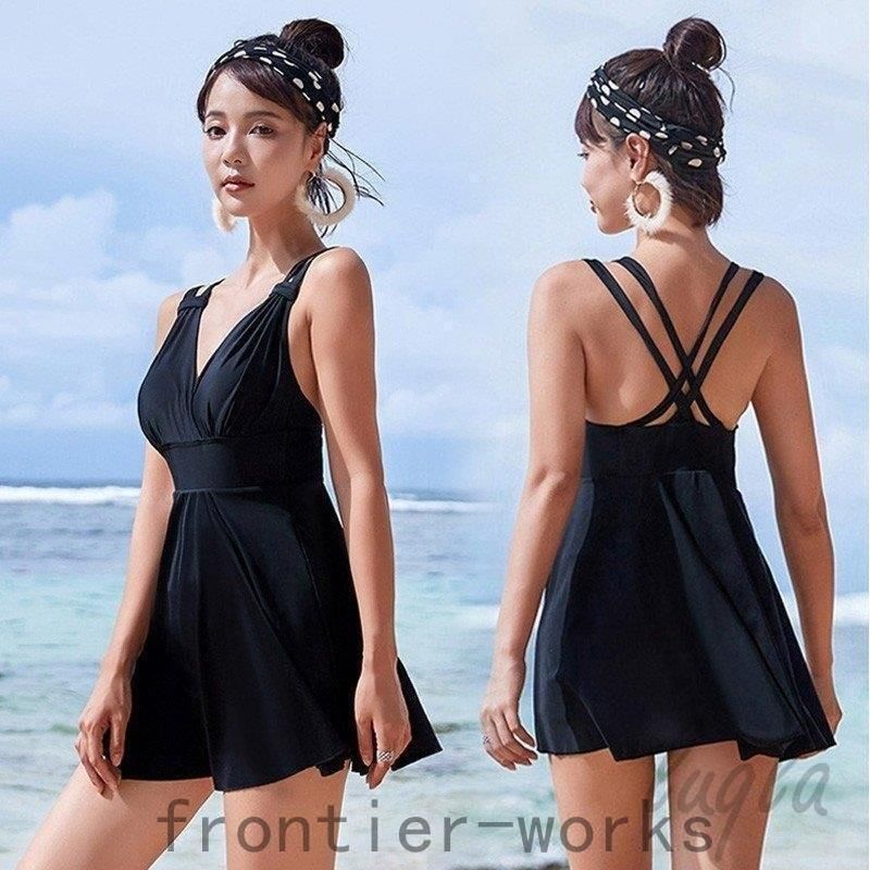 水着レディース 体型カバー 水着 ワンピース型 ショートパンツサロペット水着 黒 レースアップ vネック バンドゥ 水着 韓国風 40代 可愛い  hab