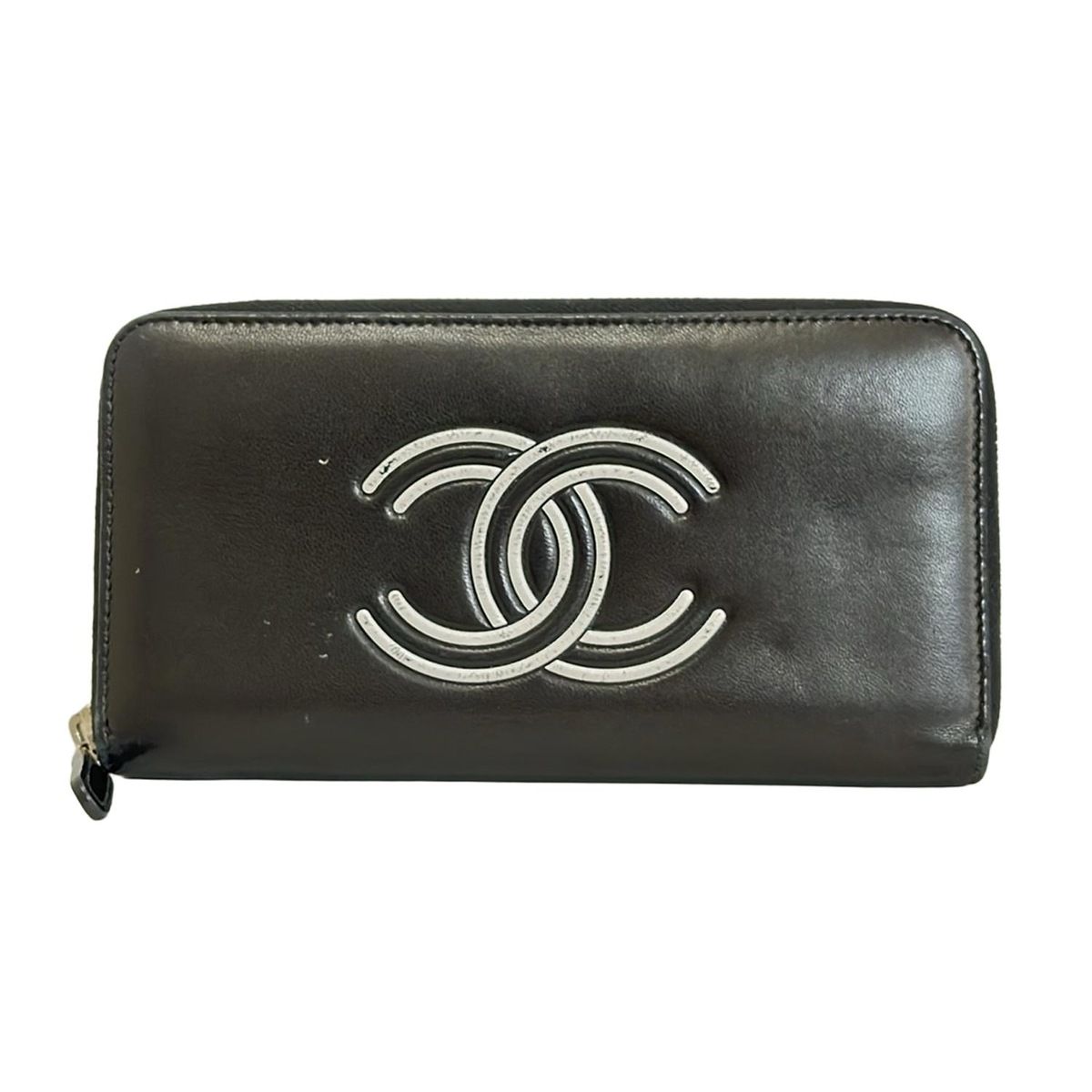 CHANEL シャネル 長財布 - 黒×白 ラウンドファスナー ラムスキン
