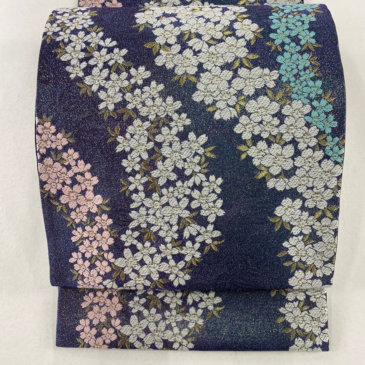 袋帯 秀品 桜 金糸 ラメ箔 青紫 六通 正絹