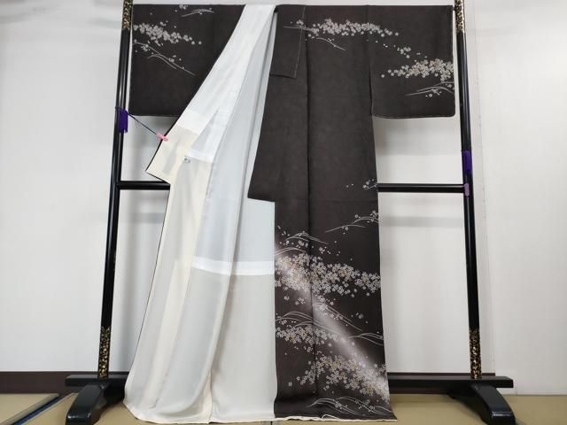 平和屋本店□極上 訪問着 舞桜 紫黒色地 暈し染め 金彩 逸品 未使用