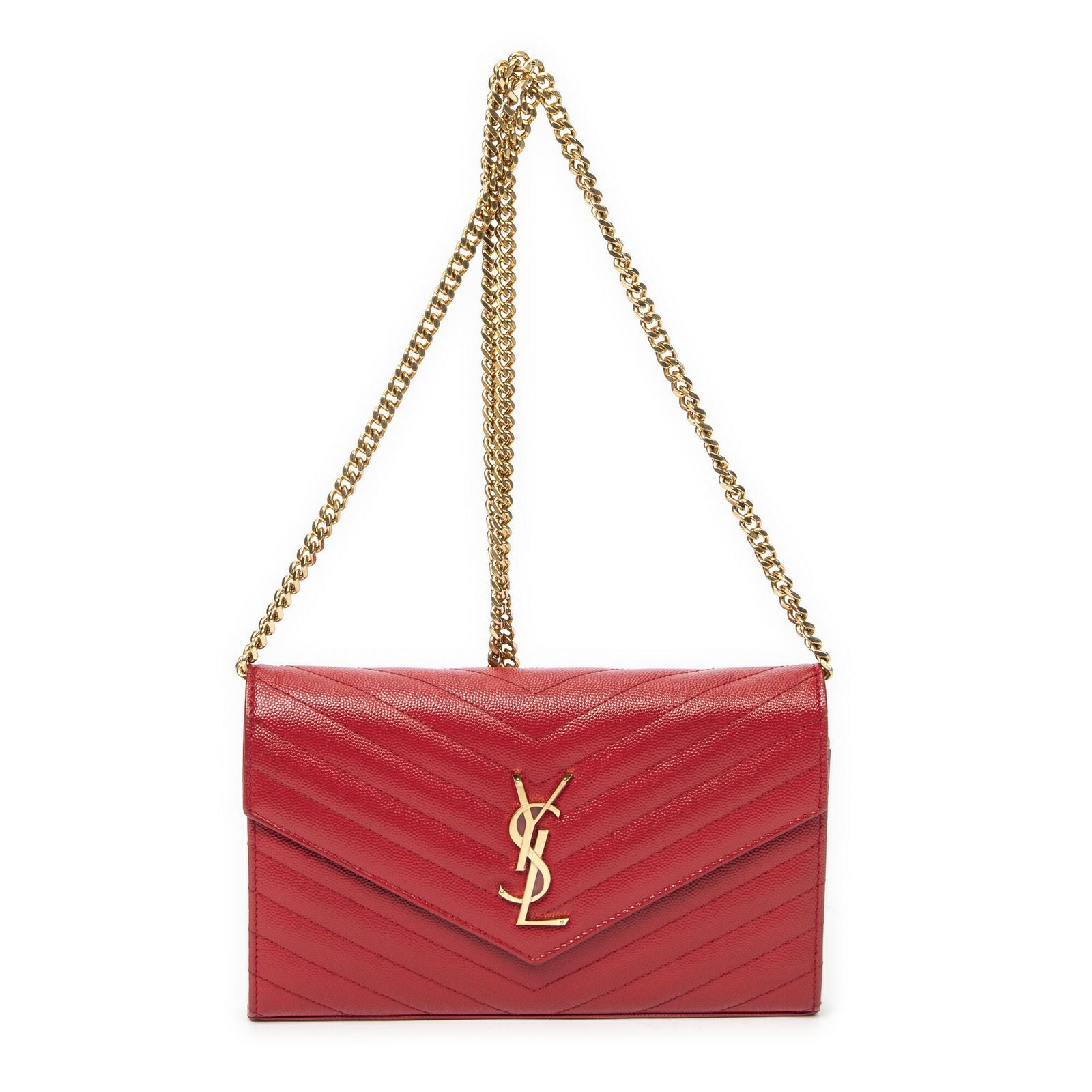 YVES SAINT LAURENT イヴサンローランクラシック カッサンドル チェーン ウォレット赤マトラッセ グレイン ドゥ プードル レザーA
