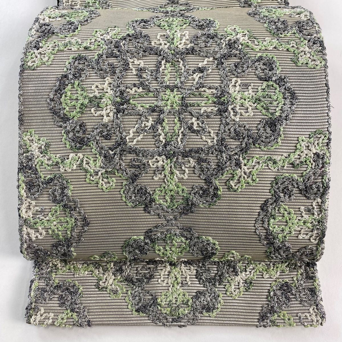 袋帯 名品 無月 落款 華文 箔 銀色 六通 正絹