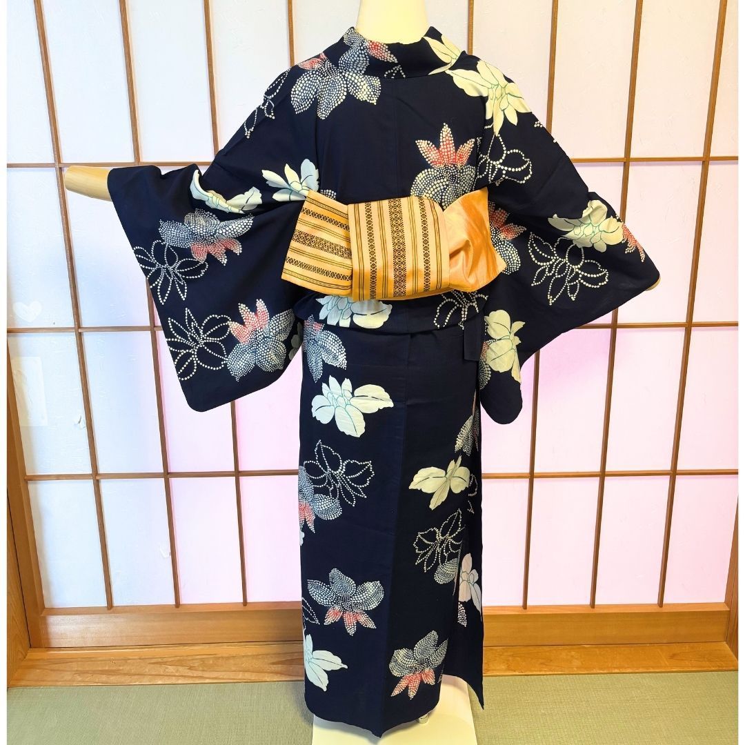 注染手縫　笹の柄の浴衣と博多織の半幅帯とかご巾着セット　七夕夏祭り花火大会お稽古 注染手縫 笹の柄の浴衣と博多織の半幅帯とかご巾着セット 七夕夏
