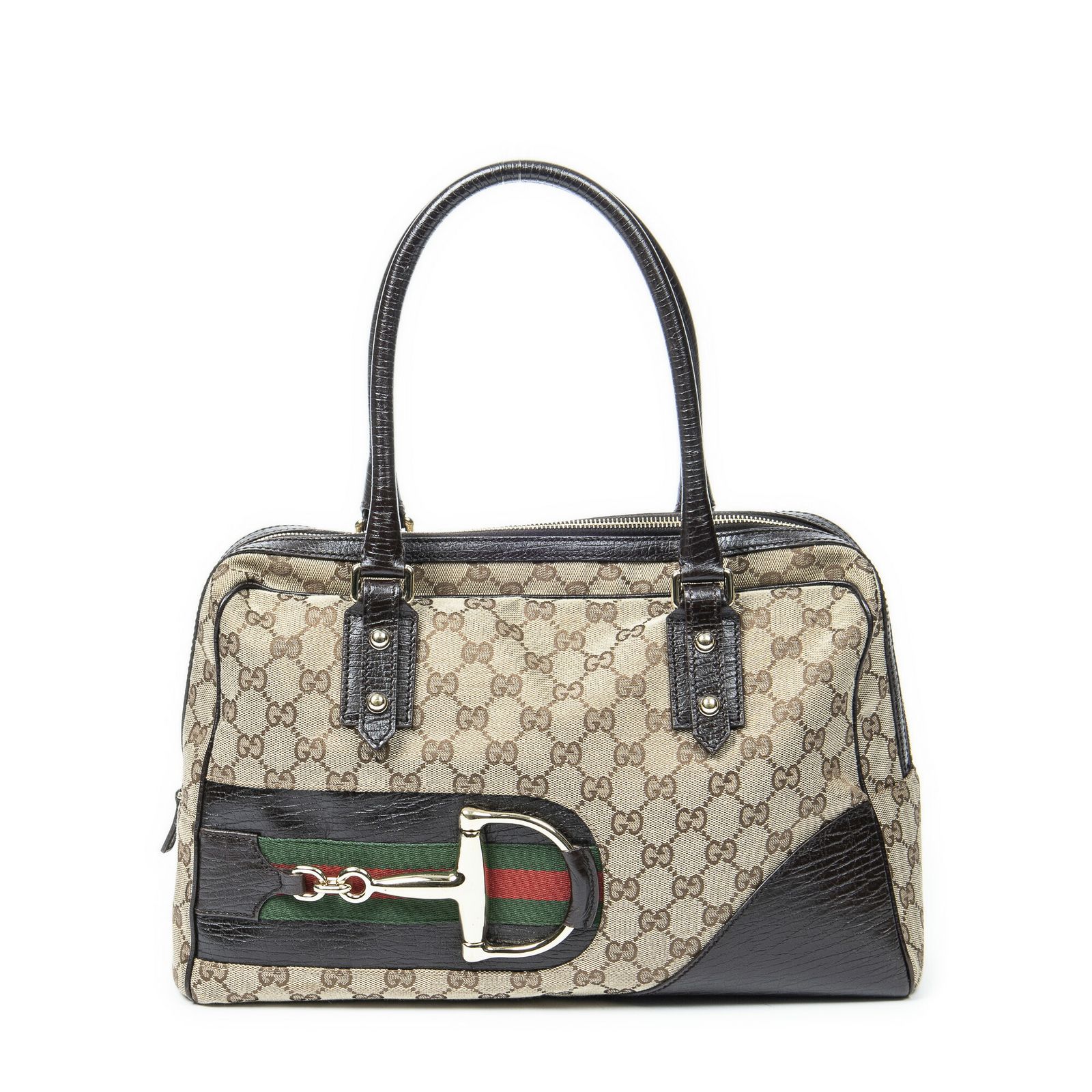 GUCCI グッチシェリーライン ホースビット ハンドバッグブラウン|ベージュGGキャンバスA