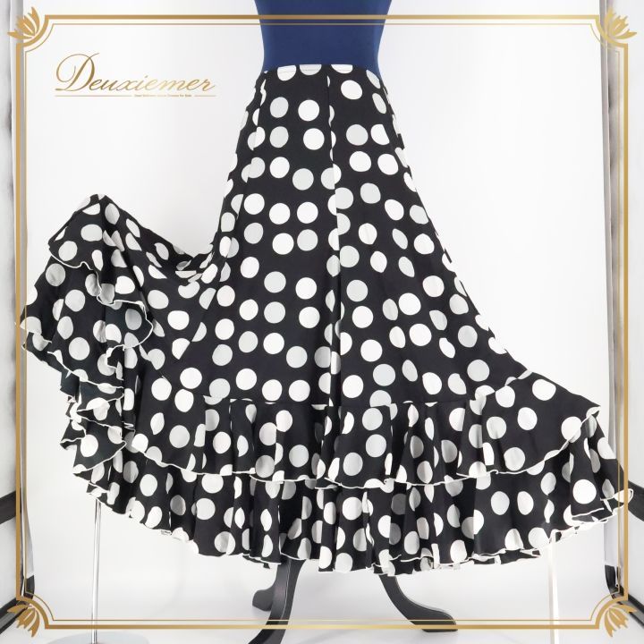フラメンコ 衣装 ファルダ スカート ボランテ フリル HERMOSA IBERIA エルモサ イベリア ドット 水玉 黒 白 ブラック系 ホワイト系 モノクロ ダンス ステージ用 スカート レディース ファッション おしゃれ かわいい エレガント